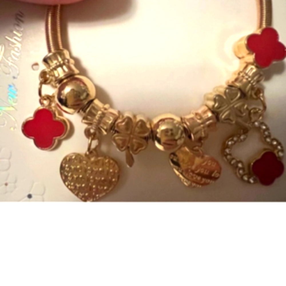 Gold and Red Charm Bracelet